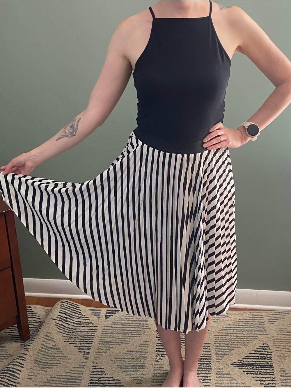 Express Black and White Striped Pleated Skirt